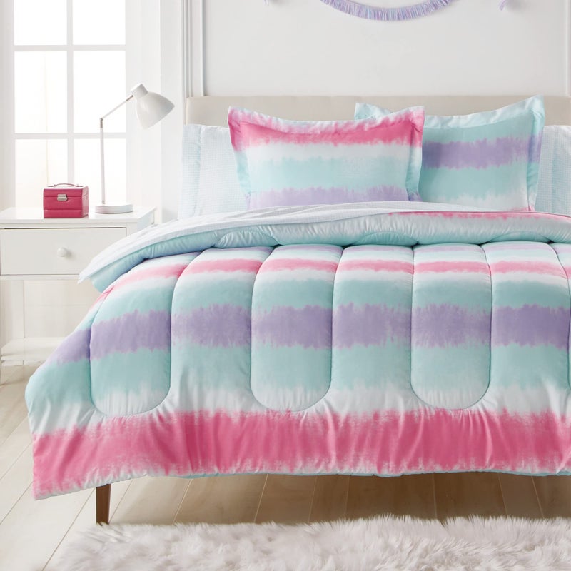 dream FACTORY Tie Dye Stripe 5-Piece Microfiber Bag Comforter Bedding Set Super Soft-Twin, Purple Multi,2D871601MU - Image 1